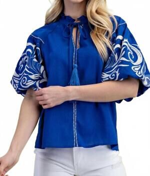 NEW GIGIO embroidered puff sleeve blouse in cobalt